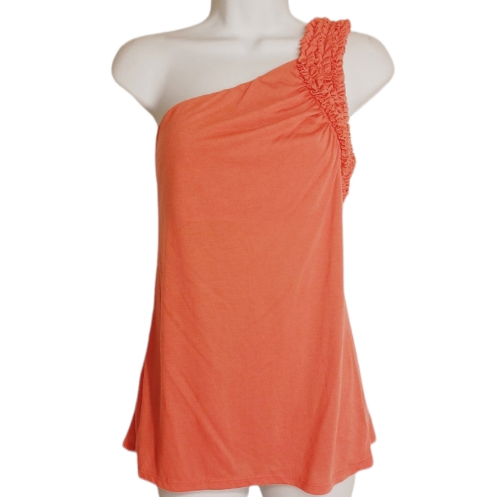 XHILARATION Coral Orange Pleated Ruffle One Shoulder Top Medium